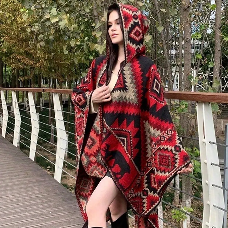 2023 Winter fashion women jacquard acrylic shawls poncho hot selling winter thick poncho shawl with hat