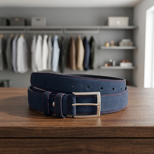 Ceinture en cuir véritable bleu marine, en cuir de vache, couleur unie, boucle à ardillon rectangulaire argentée, style formel - Product Image 3