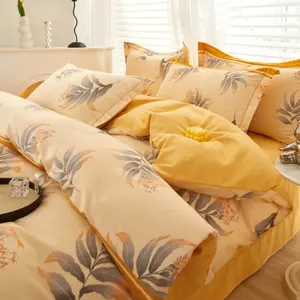 Produsen set penutup Duvet katun disikat bunga Modern baru set seprai daun cetak gaya Amerika Ukuran Queen King 4-in-1