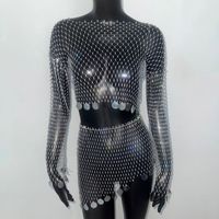 Tenue de boîte de nuit ELITES, haut à manches longues en résille et sequins, jupes, vêtements de strip-teaseuse, tenues de danse exotique, tenues sexy de strip-teaseuse
