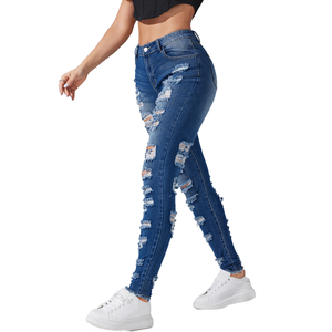 Free Shipping USA-Wholesale Women's High Stretch Denim Jeans Ripped <b>Legging</b> <b>Slim</b> Fit Pencil Pants Casual Waist Blue - Product Image 4