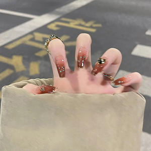 Faux ongles à la mode française à vendre, avec dégradé caramel, strass scintillants pour femmes, amovibles et réutilisables - Product Image 4