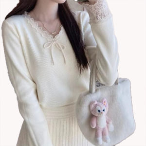 Camiseta Interior de Mujer con Lazo Rosa, Diseño de Encaje con Cuello en V, Suéter de Punto Informal, Camiseta Interior de Punto Cálida para Invierno - Product Image 4