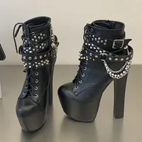 Bottes pour femmes à plateforme et talon épais, avec boucle de ceinture en chaîne argentée, à lacets, antidérapantes, pour la soirée