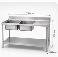 Évier commercial en acier inoxydable 304 à 2 compartiments avec égouttoir, évier double pour restaurant, table de 1750 mm