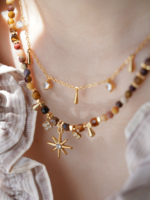 JoJo-Collier ras du cou réglable en perles de pierre naturelle marron avec breloques en or soleil lune étoile bijoux faits main pour femmes