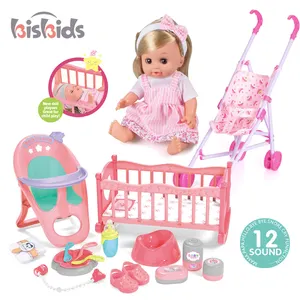 Material Safety 14 inch vinyl doll three-in-one set Baby Doll Playsets Stroller With Dining Chair