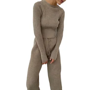 Custom Knit Two Piece Sweater Pant Set Casual Ladies Crew Neck Knit Top And Long Pant Set Fitted Rib Knitted Women Sweater