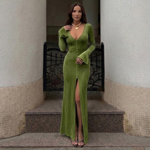 European Fashion Sexy <b>Vintage</b> Style Knit Button Front High Slit Flared Sleeve Deep V Neck Midi <b>Dress</b> <b>for</b> <b>Women</b> - Product Image 1