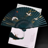 Fatingna Antique 6 pouces femmes bambou pliant Hanfu ventilateur été Portable grue Xiangyun motif peint à la main en vert foncé