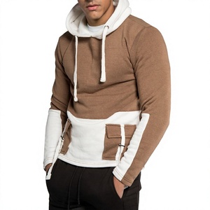 <b>Men's</b> Brown <b>White</b> Color Block Hooded <b>Sweatshirt</b> Slim Fit Casual Knitted Long Sleeve With Pockets Autumn Wear OEM Manufacturer - Product Image 1