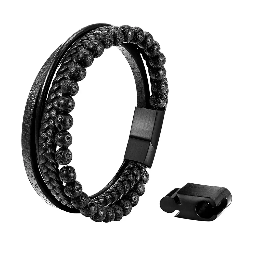 Braided Bracelet Natural Stone Lava Volcanic Stone Stainless Steel Bracelet black leather bracelet for men