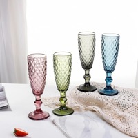 Vintage gaufrage losange pour Champagne verre gobelets 150ml coloré tige mariage flûte usine directe en vrac vente bleu verre gobelet