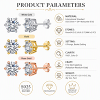 Boucles d'oreilles clous en moissanite 6A+ VVS1 couleur D, argent sterling 925, 6 griffes, 4/5/5,5/6/6,5/7,5 mm pour femme