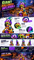 Monstre gonflable violet à un œil avec chapeau de sorcière pour Halloween, monstre empilable avec citrouilles et chauves-souris pour la décoration de jardin extérieur et de fête