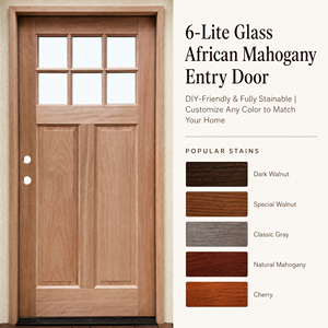 Puerta Principal Sencilla de Madera Maciza de Caoba, Estilo Artesanal, con 6 Paneles de Vidrio Templado Doble Low-E, 2 Paneles Superiores Cuadrados, Sin Acabado - Product Image 4