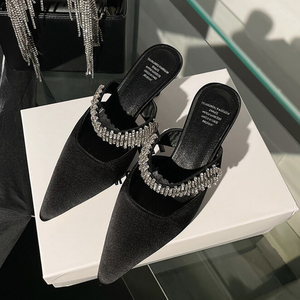 Mules de haute qualité, pantoufles à talons de 7 cm, talons en strass de luxe pour femmes - Product Image 3