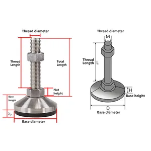 Pés de borracha ajustáveis de aço inoxidável, nivelamento horizontal resistente, nivelamento industrial, pés e montagens m24 com base 80mm