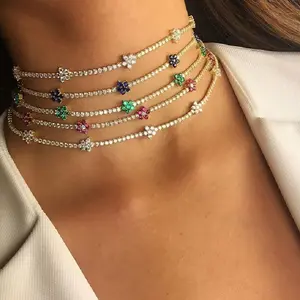 Sevgililer kadınlar partisi takı altın kaplama yıldız çiçek buzlu out Rhinestones Chokers CZ kübik zirkon tenis kolye