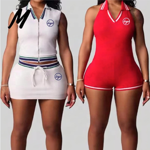 服メーカーカスタムロゴポロベストトップとスカートセット女性服コットンラウンジウェア2ピースセット女性用ジャンプスーツ - Product Image 1