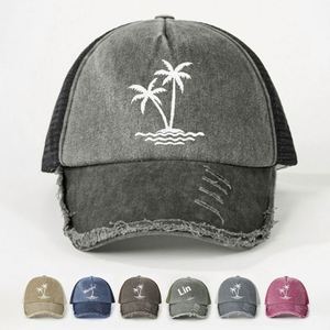 Gorra trucker de verano para exteriores con protección solar, bordado de árbol de coco, tela de malla lavada de alta calidad, gorra trucker desgastada - Product Image 2