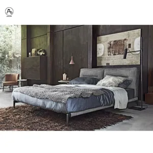 Italian design double wall bed set furniture bedroom modern fabric hotel metal queen King size bed frame luxury up-holstered bed