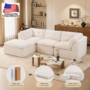Sofá Modular en Forma de L de Chenilla <span class=keywords><strong>Blanca</strong></span> Retro para Sala de Estar, Sofá Seccional Modular Comprimido para Apartamento de 4 Plazas - Product Image 1