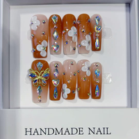 351-355 Faux ongles à presser 3D faits main motif fleurs cercueil, 10 pièces