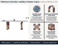 Table à manger en marbre bleu naturel avec base en acier inoxydable rose gold en forme de U, italienne, 8 places |   Personnalisé 160-240cm |   Projet de villa OEM