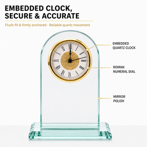 Horloge de bureau en cristal, trophée, avec cadran romain doré et base gravée, 18 cm, cadeau de retraite, vente en gros, personnalisation OEM - Product Image 2