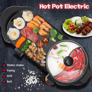 Hot Pot Grill Barbecue Grill Modern <b>PTFE</b> Non Stick Electric Grill Pan 1600 220 Electric BBQ Non-stick Korean Indoor 2 in 1 Black - Product Image 2