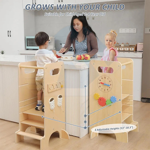 Tour d'apprentissage en bois 4-en-1 pour enfants, tabouret de cuisine pour tout-petits, marchepied d'alimentation pour bébé avec tableau noir, en bois massif - Product Image 3