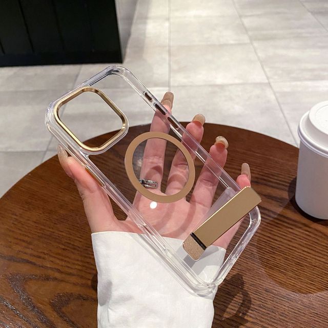 Anti-yellowing Clear Acrylic Magnetic Case for IPhones 15 Pro Max Transparent PC Hard Case with Metal Kickstand Bracket