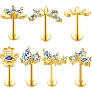 Pendientes de Plata de Ley 925 con Parte Posterior Plana en Oro para Cartílago |   Conjunto de Joyería para Piercing con Diseño de Hoja y Ojo Turco, con Circonitas Cúbicas y Rosca Interna - Product Image 1