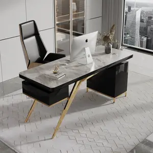 Modernes Design Luxus Gold Edelstahl Computer tisch Schreibtisch mit Sinter stein für Home-Office-Möbel Set