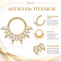 Anneau clicker pour septum en titane ASTM F136 G23 plaqué or 18 carats avec zircone cubique taille Asscher, double usage pour piercing nez et oreille, bijou corporel