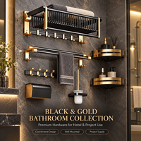 Ensemble d'accessoires de salle de bain noir mat et or avec porte-serviettes et barre à crochets en six pièces pour projets hôteliers et d'appartements