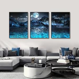 Voilier sur le <span class=keywords><strong>lac</strong></span> nuit noire nature morte impression sur toile moderne abstrait clair de lune montagne <span class=keywords><strong>paysage</strong></span> naturel affiche art mural - Product Image 3