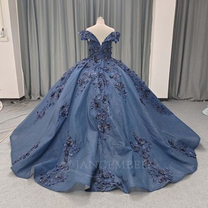 Vestido de Quinceañera Azul Marino Lsany228 con Cuello en V, Encaje, Cuentas, Flores 3D, Vestido de Gala con Cola Capilla para Embarazadas - Product Image 4