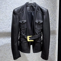 Veste en cuir de mouton véritable gaufré crocodile pour femme, avec ceinture à boucle dorée, poches à rabat, bleu noir, style motard court, automne hiver
