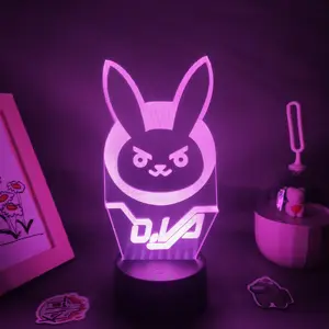 Overwatches OW oyunu şekil Dva lamba 3D Led Neon RGB gece işıkları doğum günü hediyesi arkadaşlar için oyun odası masa renkli dekorasyon