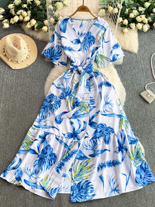 Abito con Scollo a V Incrociato Stampato per Donna, Stile Vacanza Autunno-Inverno, Vestito Lungo Aderente con Cintura e Volant - Product Image 2