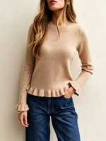 Pull-over tricoté uni à col rond et manches longues pour femme 2026, avec ourlet et poignets à volants, coupe ajustée, décontracté, doux et confortable