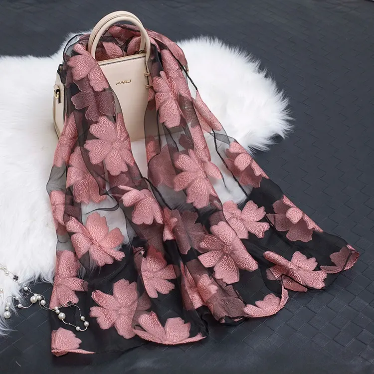 Bufandas coreanas de Organza para mujer, pañuelo de algodón, lino, encaje, patrón de hojas de mosaico, tela suave de seda de poliéster premium