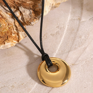 Stainless Steel Round Pendant With <b>Polished</b> Finish <b>Black</b> Waxed Cord Gift Jewelry - Product Image 3