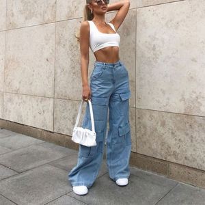 Jeans pour femmes à taille haute, en denim, coupe droite, multi-poches, décontractés - Product Image 4