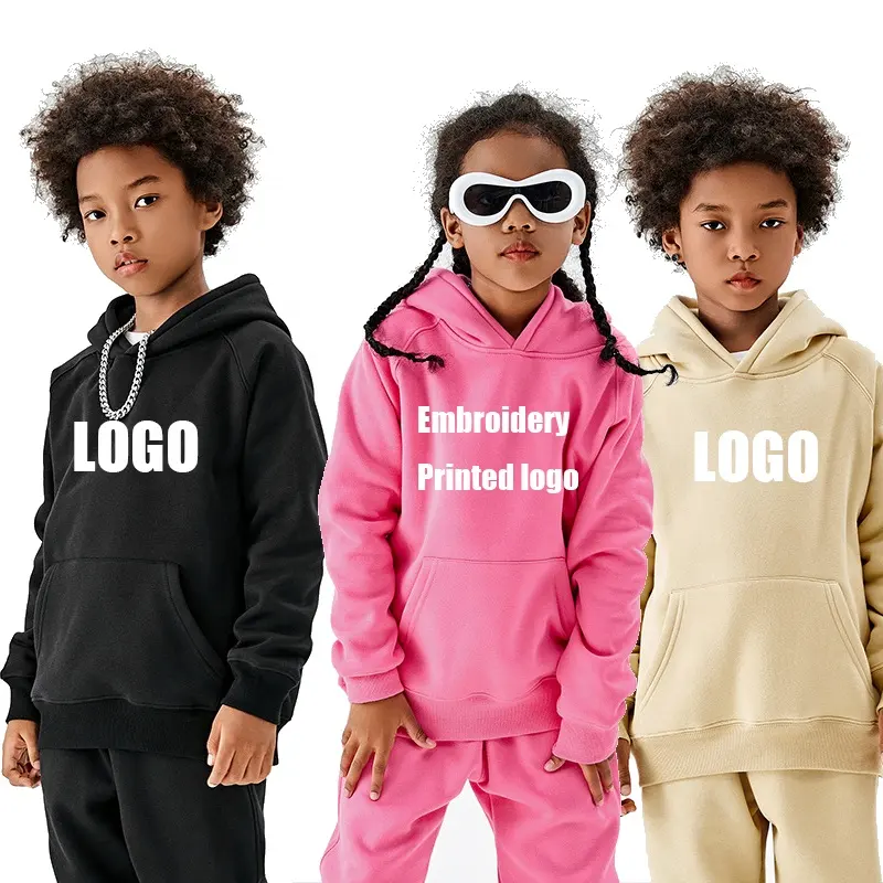 Sudaderas con capucha de alta calidad para niños y niñas Conjunto para niños Sudaderas con capucha de algodón de invierno personalizadas Ropa para niños con estampado de hojaldre de 2 piezas