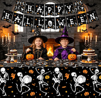 Fournitures pour Fête d'Halloween : Assiettes en papier, Gobelets, Serviettes, Nappe, Fourchettes, Couteaux, Bannières, Motifs Chauve-souris, Fantôme, Jack-o'-lantern, Crâne, Squelette