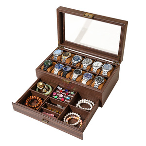 Caja de <span class=keywords><strong>reloj</strong></span> retro de cuero PU con textura de madera, embalaje de regalo de joyería de madera, almacenamiento superventas transfronterizo - Product Image 1