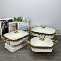 Plat Chafing Haut de Gamme Bord Doré, Ensemble Buffet de Luxe avec Chauffage, Casserole à Soupe en Céramique pour Traiteur, Chafing Dishes